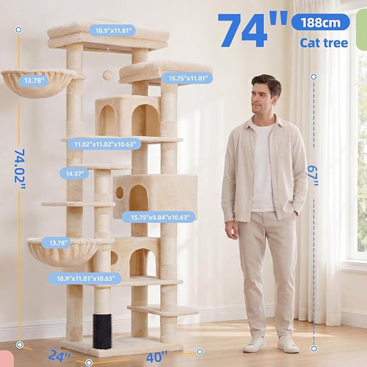 Hey-brother Cat Tree, 74 inches Multi-Level XL Large Cat Tower for Indoor Cats with Three Cat Condos, Two Large Top Decks and Cat Hairbrushfor Kittens, Cats and Pets, Beige MPJ035-MM