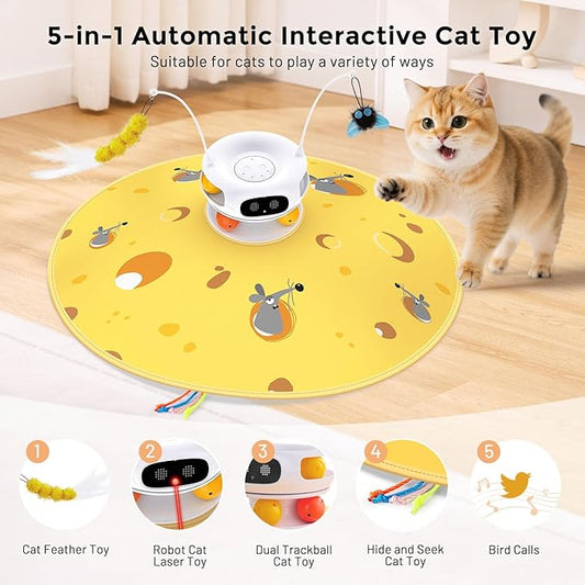 ZOMISIA Interactive Cat Toys for Indoor Cats, 5 in 1 Rechargeable Automatic Cat Toy with Laser, Motion Activated and Hide and Seek, Fluttering Feather & Dual Track Balls with Chirping for Bored Cats
