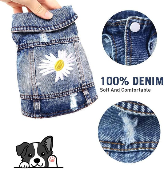Dog Denim Jacket with Embroidered Daisy, Ripped Vintage Jean Vest for Small Dogs, Puppy, Pugs, Chihuahuas, Spring Summer Fall Festival Outfit, XS (Fits Chest 9-10")