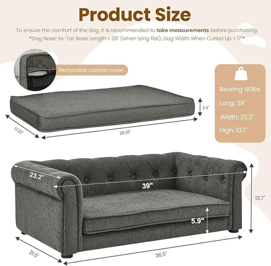 39" Dog Sofa Couch for Medium Dogs, Memory Foam Pet Couch with Washable Fabric Removable Cushion, Sofa Bed for Medium Dogs, Grey