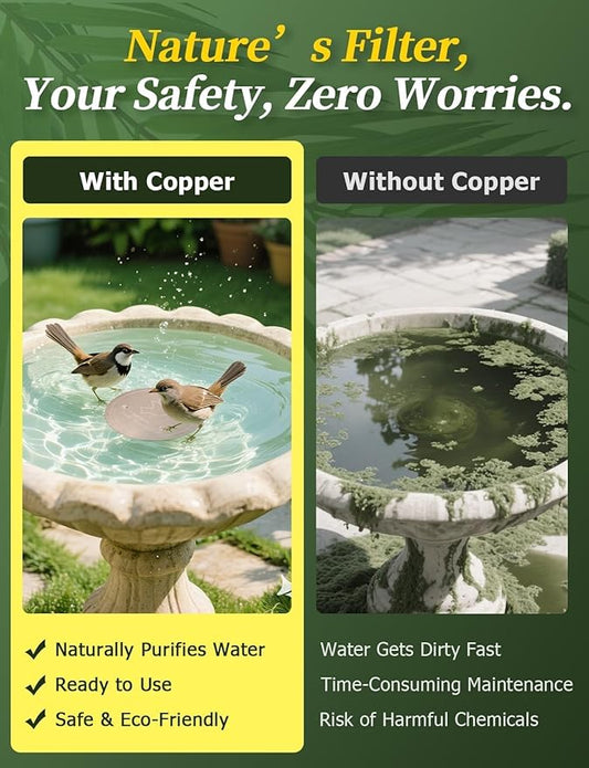Mellbree 4-Pack Premium Copper Cleaning Discs, 0.6mm Thick 99.99% Pure Copper with Stable Triple-Point Support, All-Season Physical Water Care for Bird Baths