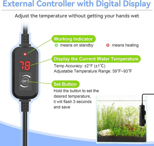 hygger Nano Submersible Aquarium Heater for 5-10 Gallon Betta Fish Tank Heater with Digital Display, Adjustable Temperature Controller 50Watt