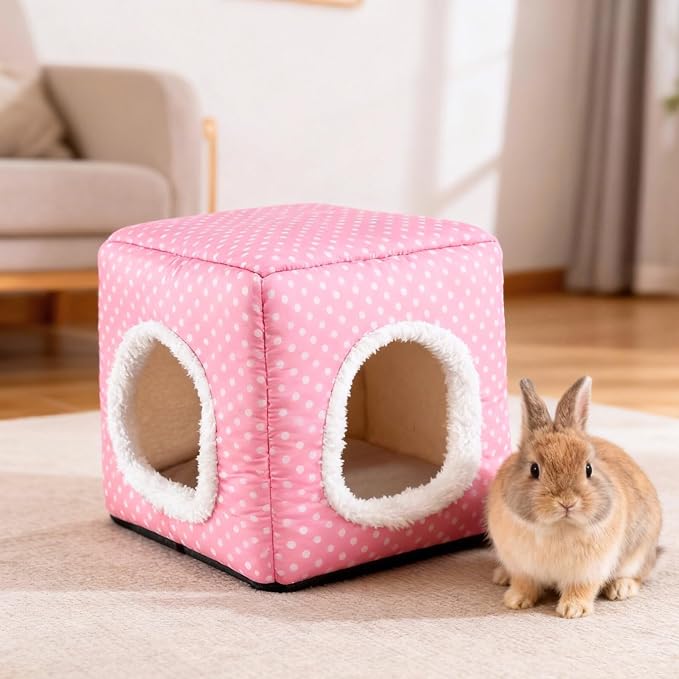 Guinea Pig Hideout with 2 Removable Mat, Two Entrances, Dwarf Rabbit Bed, Washable Bunny House, Small Pet Accessories Pink Dot