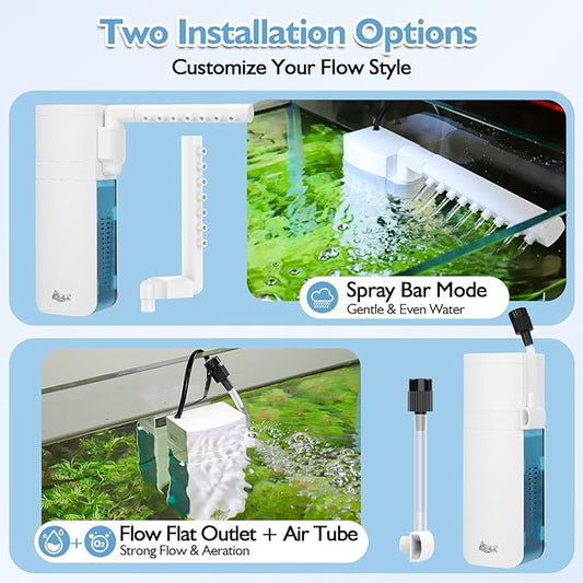 AQQA Aquarium Filter for 5-10 Gallon Tank, 79GPH Internal Small Fish Tank Filter with Dual Water Outlet & Aeration for Crystal Clear Water Submersible Pump& Filter System (3W for 5-10 Gal Tank)