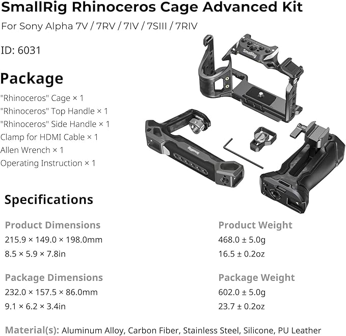 SmallRig A7 V / A7R V / A7 IV Rhinoceros Cage Advanced Kit for Sony Alpha 7 V/Alpha 7R V/Alpha 7 IV/Alpha 7S III/Alpha 7R IV, Includes Top Handle/Side Handle/Cable Clamp for HDMI
