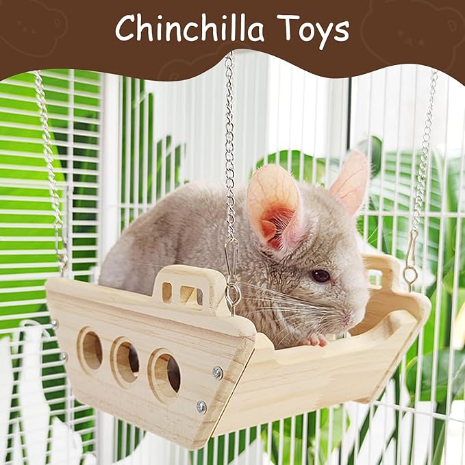 Natural Wood Chinchilla Toy Hammock for Cage Swing, Hanging Chinchilla Bed, Wooden Toys and Cage Accessories, Hut Ledges and Resting Areas for Indoor Habitat Enrichment