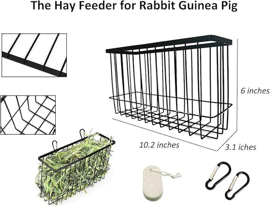 Hay Feeder for Rabbit Guinea Pig Chinchilla Small Animal Bunny Hanging Feeder for Cage Heavy Duty Metal Rack Timothy Veggie Holder (hay feeder*1 + food water cage cup *4 + Pet Teeth Grinding Stone*1)