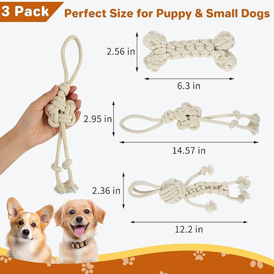 3 Pack Cotton Rope Dog Toy Set, Indestructible Chew Toys for Aggressive Chewers, Puppy Teething Toys with Bone, Human & Chinese Knot Designs for Boredom Relief & Tug of War, White