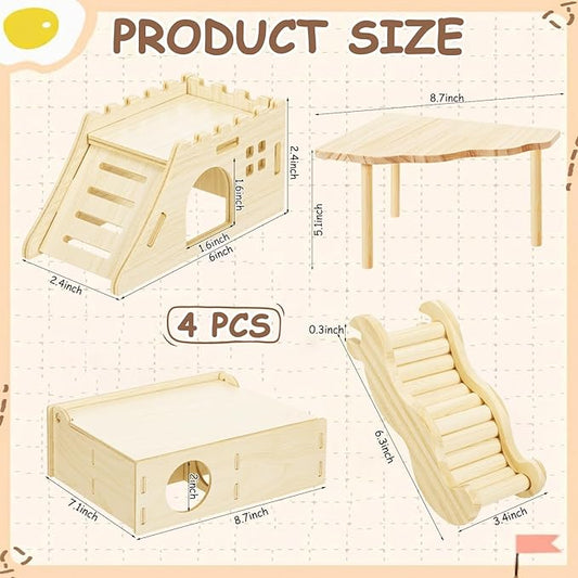 BreezeHug 4 Pcs Hamster Platform Hideout Wooden Tunnel Ladder Playhouse Hamster Game Climbing Toy with Platform Cage Accessories for Pets Dwarf Syrian Mice Degus Gerbils Squirrel(Castle)