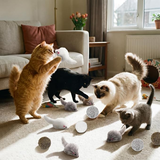 Lewtemi 24 Pcs Real Rabbit Fur Mouse Toys for Cats 12 Fluffy Rattle Mouse and 12 Fuzzy Cat Balls Realistic Fake Mice Without Catnip Interactive Kitty Toy for Pets Kitten Play