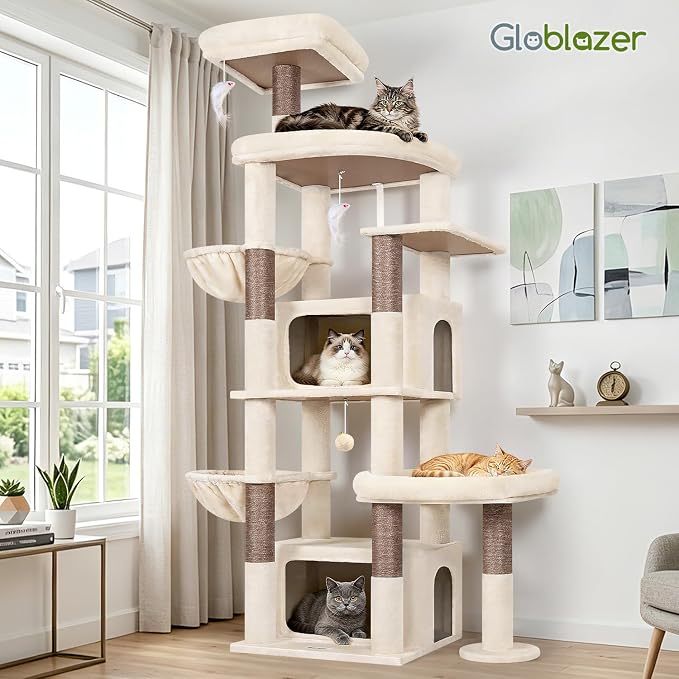 Globlazer 75in Sturdy Cat Tree for Large Cats, Heavy Duty Multi-Level Cat Tower for Indoor Cats with Extended Platform, 2 Spacious Condos, 2 Padded Perches, 6 Sisal Scratching Posts, S75, Beige