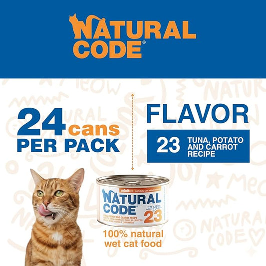 Natural Code - 24 Pack Wet Cat Food, Limited Ingredient Cat Food, High-Protein, Non-GMO, No Artificial Additives, Made in Italy, Tuna, Potato & Carrot in Aspic for Adult Cats, 3 oz