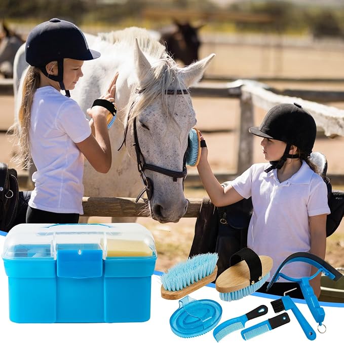 Cunhill 9 Pieces Horse Grooming Kit with Organizer – Curry Comb, Hard & Soft Brushes, Hoof Pick, Sweat Scraper, Sponge – Grooming Supplies for Horses, Riders & Beginners