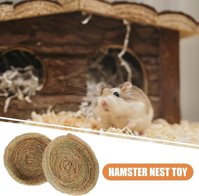 2pcs Woven Straw Pet House with Flat Bottom, Natural Handwoven Small Animal Shelter for Hamsters, Rabbits, Guinea Pigs, Ferrets – Cozy Warm Chewing Bed for Indoor Pet Cages