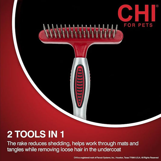 CHI for Dogs Double-Sided Shedding Rake and Blade, 2-in-1 Grooming Tool for Dematting, Deshedding, and Undercoat Removal, Ionic Technology, Ergonomic Soft Grip Handle, All Coat Types, Red