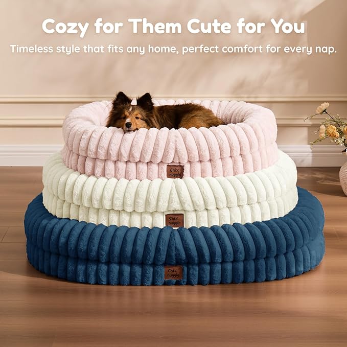 ChiXnuggle Dog Bed Medium Sized Dog - Luxury Striped Faux Fur Waterproof Pet Couch with Removable Washable Cover, Orthopedic Pet Bed with Bolster Sides for Sleeping, Midnight Blue