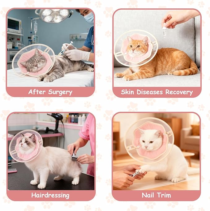 Soft Adjustable Cat Recovery Collar, Lightweight Waterproof Elizabethan Cone for Cats – Comfortable Protective Collar to Prevent Licking After Surgery, Grooming & Skin Care (Pink, S)