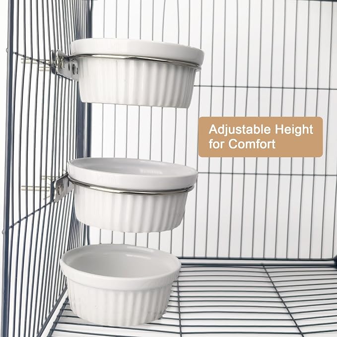 Rabbit Hanging Ceramic Bowl, Removable Cage Feeder Thick Ceramic Bowl with Stainless Steel Support Ring Pet Water Food Bowl for Small Animal Chinchilla Ferret Small Dog & Cat (4.92 * 1.97”) (Black)