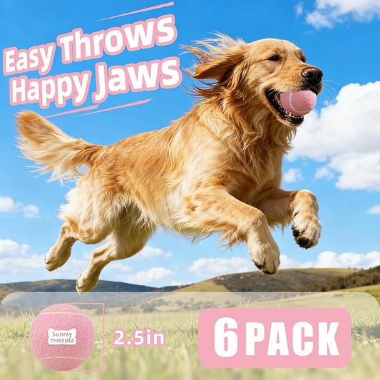 2.5" Dog Tennis Balls 6-Pack Silent Bounce, Tough Rubber Core, Durable Fetch & Training Toys for Indoor/Outdoor Play, for Small Medium Large Dogs (Light Pink, 6 Pack)