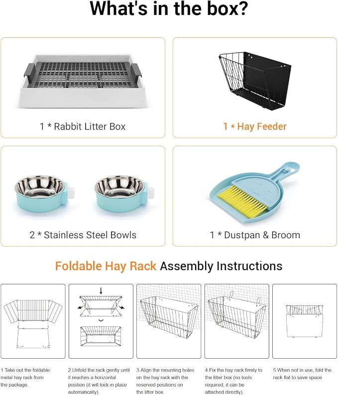4-in-1 Rabbit Litter Box & Hay Feeder for Bunny and Guinea Pig, Upgraded Bunny Litter Box with 2 Stainless Bowls, Dustpan & Broom – Rabbit & Guinea Pig Accessories