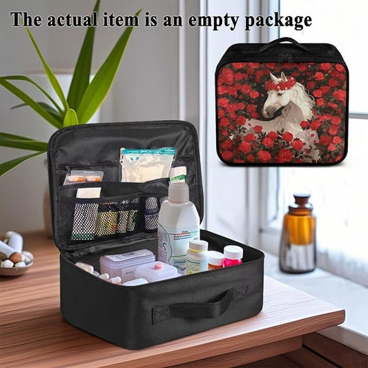 Rnyleeg First Aid Kit Empty Red Rose Horse Emergency Medical Kit with Zipper Large Capacity Medical Bag for Home, Travel, Outdoor, Boat, Camping, Hiking