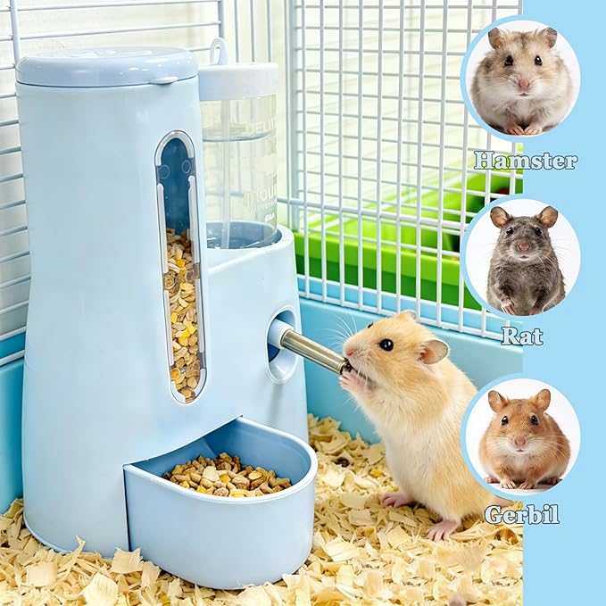 Hamster Food Bowl Guinea Pig Water Bottle No Drip - 2-in-1 Automatic Feeder and Waterer with Roller Ball Design, 300ml+80ml
