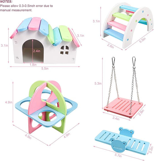 Dwarf Hamsters House DIY Wooden Gerbil Hideout Rainbow Bridge Swing and Pvc Seesaw, Suitable for Small Animal Habitat, style-1