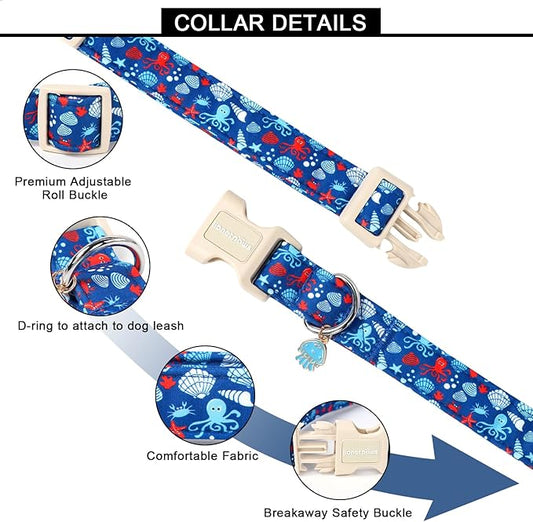 Lionet Paws Summer Blue Dog Collar- Cute Sea Shell Dog Collars with Plastic Buckle and Octopus Pendant,Light Adjustable Dog Collars for Medium Large Dogs