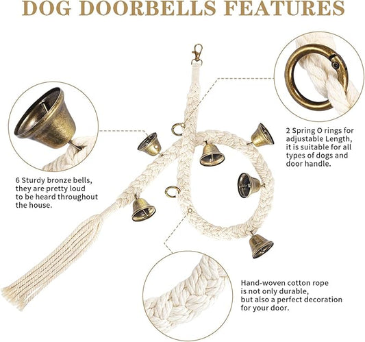 Dog Bell for Door Potty Training, Cotton Handwoven Dog Doorbell with 6 Extra Loud Bells for Dog Training, Adjustable Hanging Door Bell for Small Medium Large Dogs to Ring to Go Outside, Beige