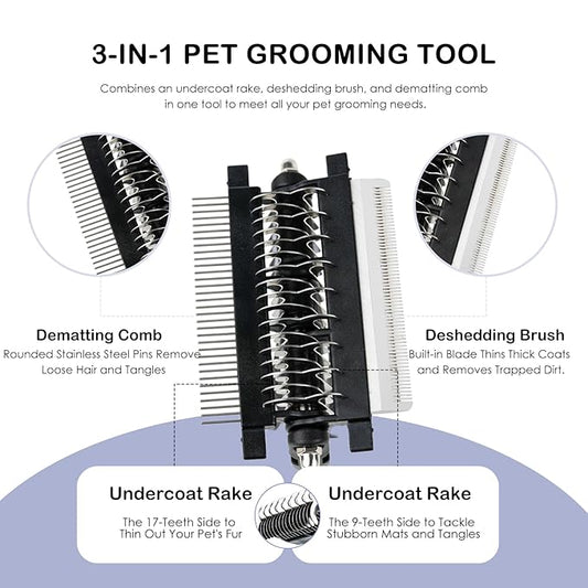 3-IN-1 Pet Deshedding and Grooming Tool, Grooming Brush for Dogs and Cats with Undercoat Rake & Dematting Comb for Matted Fur Removal Long and Short Haired Dogs Cats