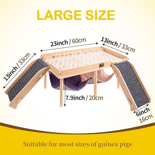 BESNEW Enlarged Guinea Pig Hammock with Platform and Stairs,Wooden Foldable Piggies Hideout for Guinea Pigs Bunny Ferret Hamster Hiding Sleeping Activities 24L x 12W x 11H in(Double)