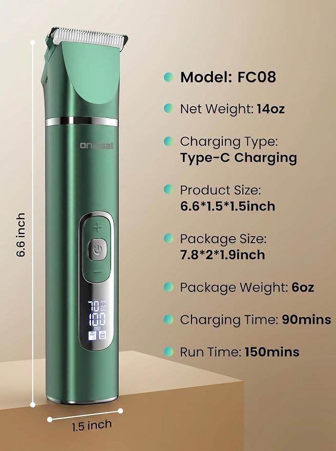 oneisall 4 in 1 Dog Grooming Kit with LCD Display, Dog Hair Trimmer for Paw Nail Grinder, Rechargeable Cordless Low Noise IPX7 Waterproof Pet Clippers Green