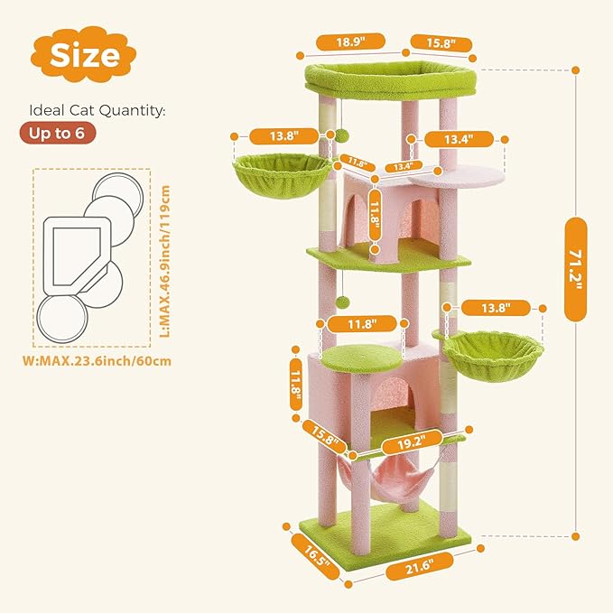 MUTTROS 71.2" Large Cat Tree for Multi-Cat Households - Heavy-Duty 9-Level Cat Tower w/5 Sisal Scratching Posts, 2 Condos, 3 Hammocks, Extra-Large Perch & Pompoms - Space-Saving, Pink