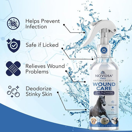 NOVEHA Pet Wound Spray - Sores, Abrasions and Wounds Care for Horse - Fast-Acting Skin Repair, Helps with Rashes, Hot Spots, Scratching, 6fl oz