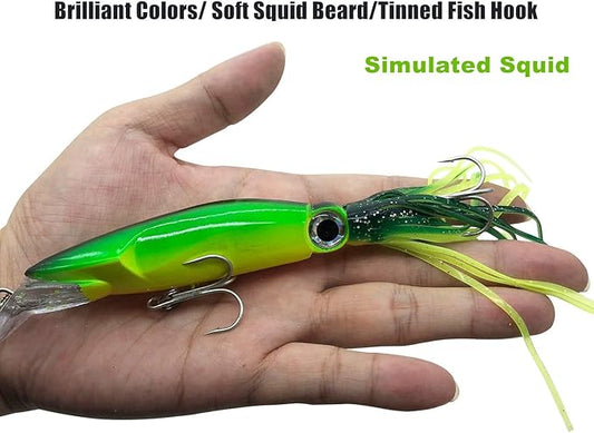 4Pcs Large Simulation Squid Fishing Lures Bait Kit,3D Holographic Eyes,Built-in Multicolored Lead Blocks Through Heavy Duty ,Stable and Tempting