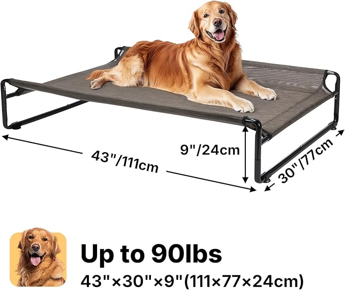 Veehoo Outdoor Elevated Dog Bed,Raised Dog Beds for Large Dogs, Washable Dog Cot with Headrest Sides, Non-Skid Feet, Breathable Mesh, Cooling Pet Hammock for Indoor or Camping, 42", Brown