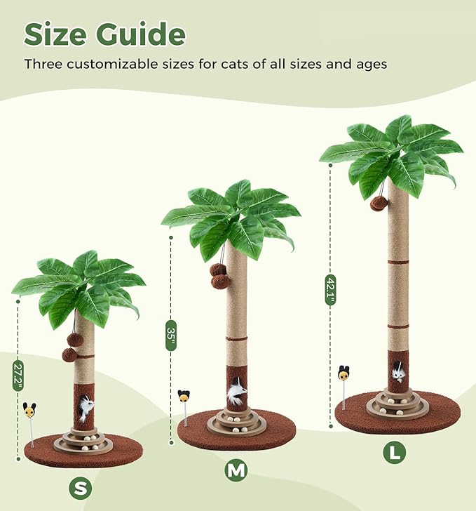 Made4Pets 42" Tall Cat Scratching Post with Sisal Rope, Interactive Hanging Balls, Toy Mouse and Two-Layer Ball Track Cat Toys, Palm Tree Cat Scratcher Tower for Indoor Cats and Kittens