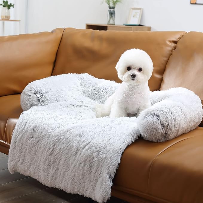 HACHIKITTY Calming Pet Sofa Bed Mat, Washable Fluffy Couch Cover for Dogs and Cats, Anti-Slip Bottom (40"x 38"x 6", Gray)