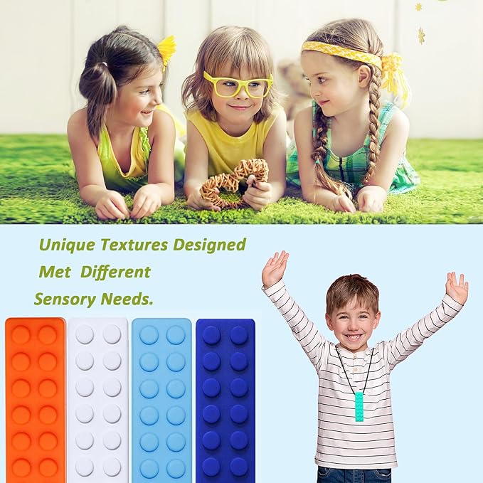 Chewing Necklace for Kids Sensory, Blocks Sensory Necklace for Chewing Boys Girls with Autism, ADHD, Teething, Biting, Chewing Needs, Silicone Chewy Necklace Sensory for Reduce Anxiety -7 Pack