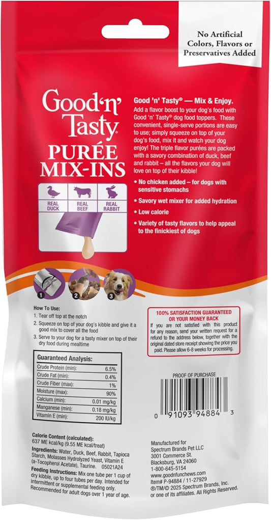 Good 'n' Tasty Triple Flavor Puree Mix-Ins Dog Food Topper Treats for All Dogs, 7 Count, Easy Single-Serve Portions, Added Protein with Duck, Beef and Rabbit, No Chicken Added