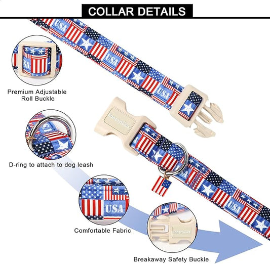 Lionet Paws Summer Dog Collar- Cute 4th of July Dog Collars with America Flag Pattern and Plastic Buckle, Light Adjustable Dog Collars for Small Dogs
