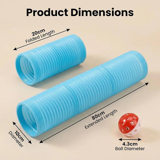 Hamster Collapsible Tunnel Tube Toys with 4 Bell Balls, Expandable Small Animal Hideout Exercise Toy 7.8inch Unextended 32.7inch Extended for Guinea Pig Gerbil Rat Ferret (Blue)