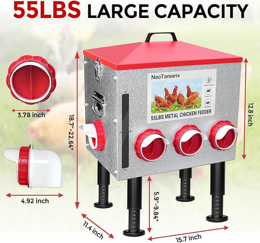 55lbs No Waste Automatic Chicken Feeder, Large Metal Poultry Feeder with 8 Feeding Ports & View Window, Weatherproof, Adjustable Height, and Locking Lid for Chickens, Ducks, Geese