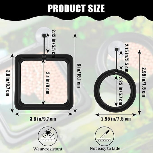 2PCS Small Fish Feeding Ring, Square and Round Mini Aquarium Feeder with Strong Suction Cup Floating Fish Feeder Ring for Betta Goldfish Guppy (Black)