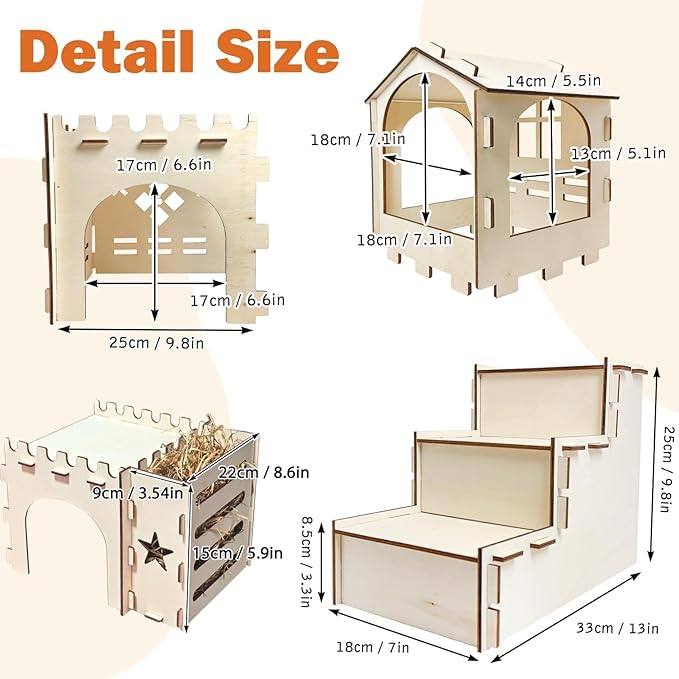 PINVNBY Extra Large Bunny Castle Hideout with Hay Feeder, Wooden Rabbit House Hide Climbing Detachable Indoor Wood Hideaway Castle Tower Tunnel for Rabbit Guinea Pig Hamster Chinchilla Ferret