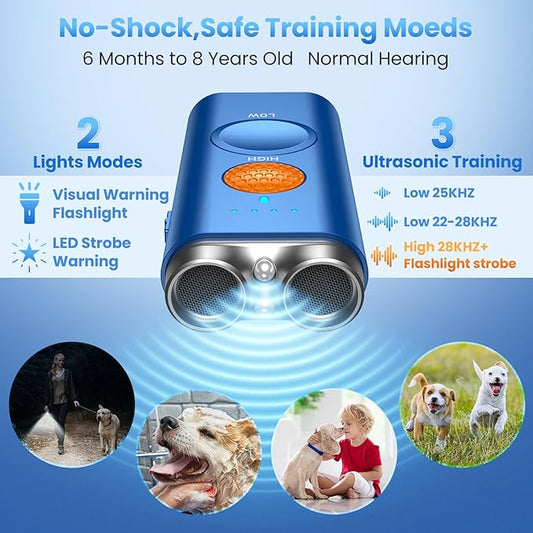 Dog Bark Deterrent Device, 3-in-1 Ultrasonic Anti Barking for Dogs Barks No More, Dog Barking Silencer with 50ft Range, Safe & Effective for Own or Neighbor's Dog, Portable & Rechargeable