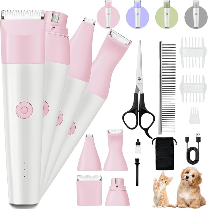 4 in 1 Rechargeable Dog Clippers Grooming Kit with 2 Speeds and Low Noise | Quiet Cordless Dog Hair Trimmer for Paw Nail Grinder, Cat Grooming Clippers for Trimming Hair on Paw Eye Ear Face (Pink)