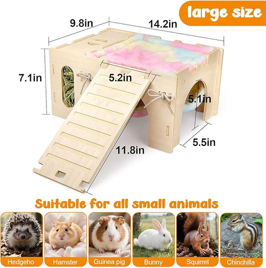 4 in 1 Upgraded Guinea Pig Hideout, Large Guinea Pig Castle with Hay Feeder, Hammock, House and Ramp, Easy to Assemble Wooden Guinea Pigs Toy for Chinchilla Rabbit Guinea Pigs Accessories