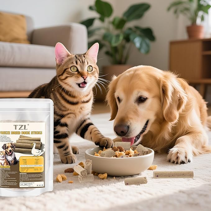 TZL Freeze Dried Duck Stick Cat Treats, High Protein Healthy Treats for Cats & Dogs, Natural Teeth Cleaning Snacks, Gluten& Grain Free