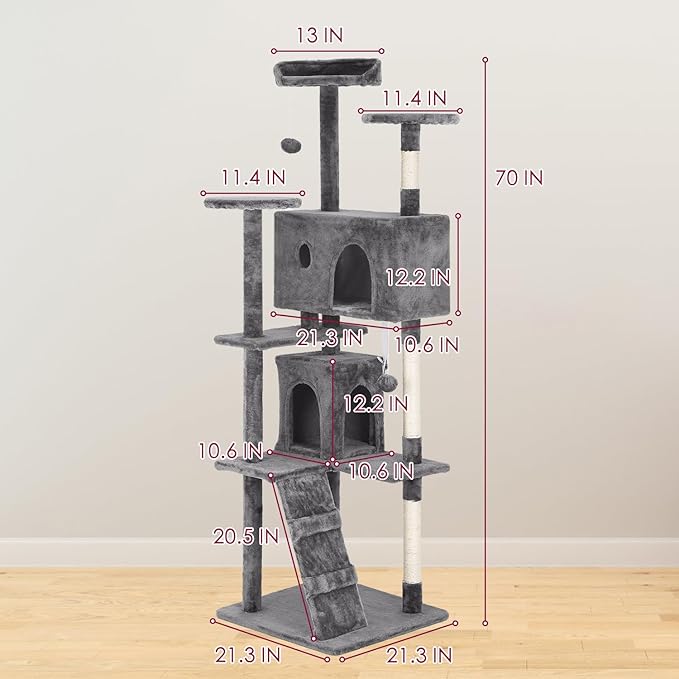 PayLessHere Cat Tree 70in Tower with Cat Scratching Post,Multi-Level Cat Condo Stand House Furniture Kitty Activity Center with Furry Ball Toys Cat Tree for Indoor Cats,Light Grey